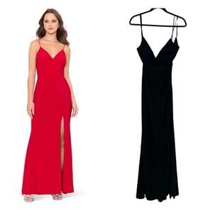 XSCAPE Ruched Slit V Neck Evening Dress Back knot Sleeveless Black Size 12 NWT